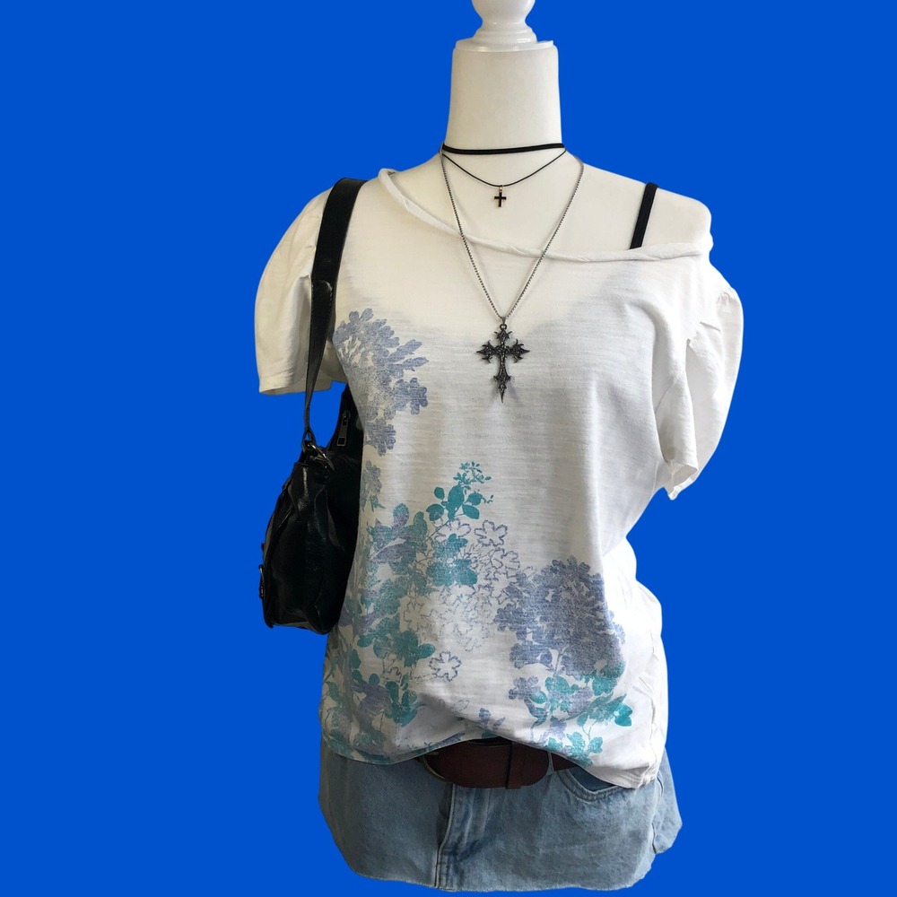 Vintage Y2K DKNY Jeans Teal Floral Graphic Puff Sleeve Tee Womens L White